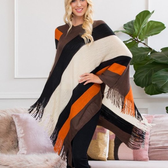 Sweaters - COLOR BLOCK FRINGE PONCHO